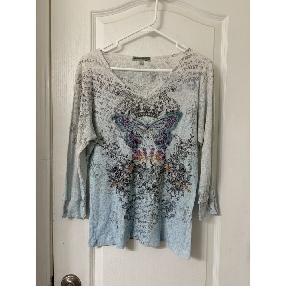 Vintage Suzie Y2K Butterfly Floral Top Size L Light Blue Fairycore Grunge Boho